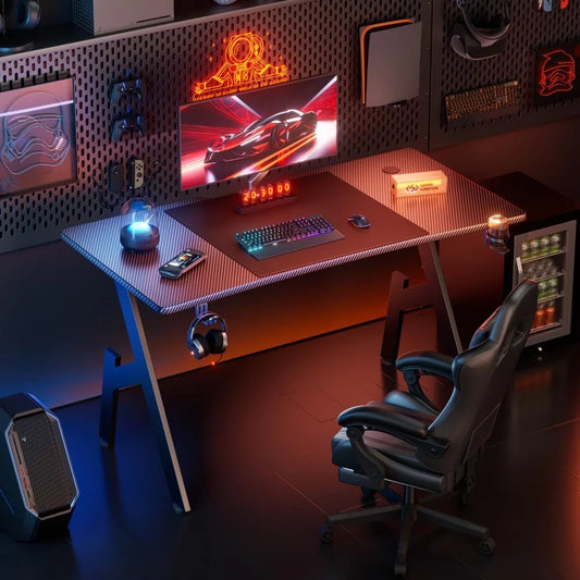 120 x 60 cm, Carbon Fibre Gaming Desk, Ergonomic Desk Table, Computer Table with Mouse Pad, Cup Holder and Headphone Hook