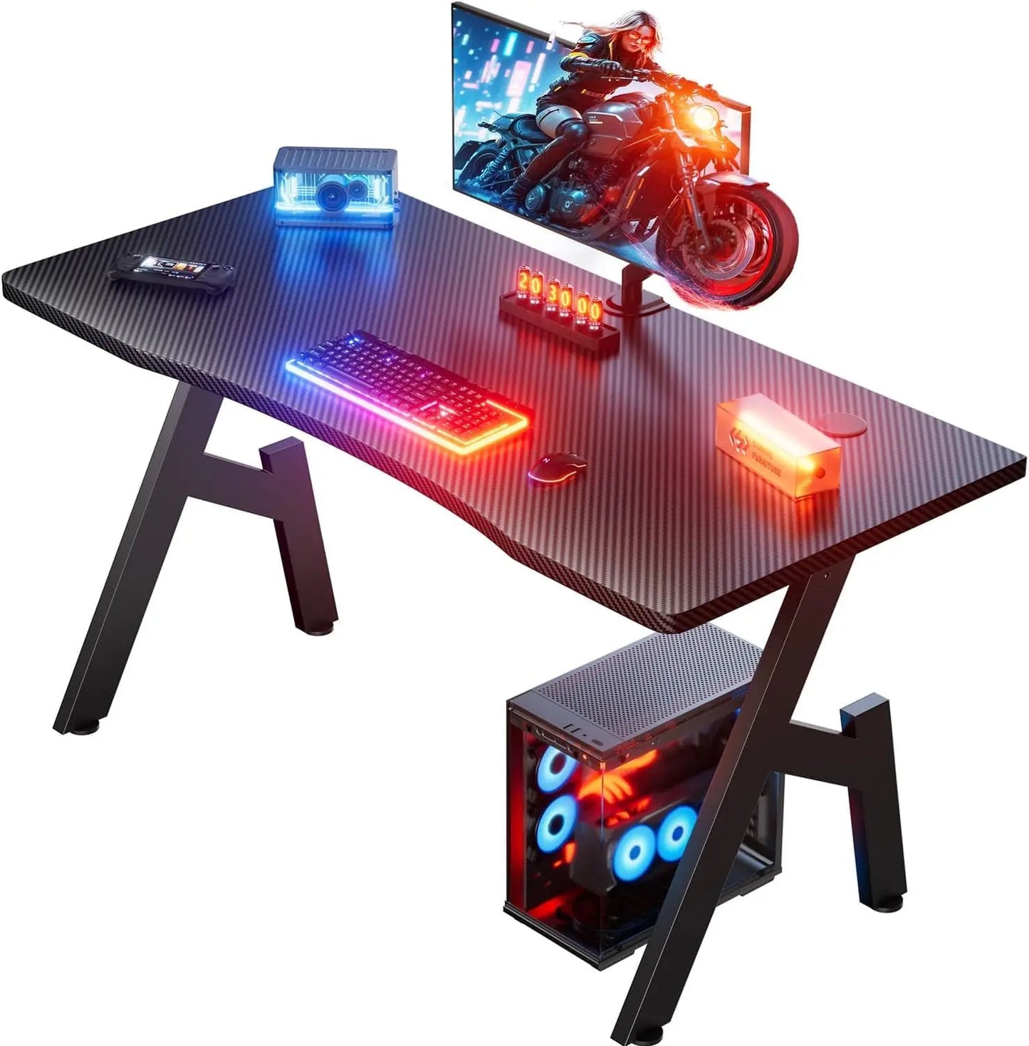 120 x 60 cm, Carbon Fibre Gaming Desk, Ergonomic Desk Table, Computer Table with Mouse Pad, Cup Holder and Headphone Hook