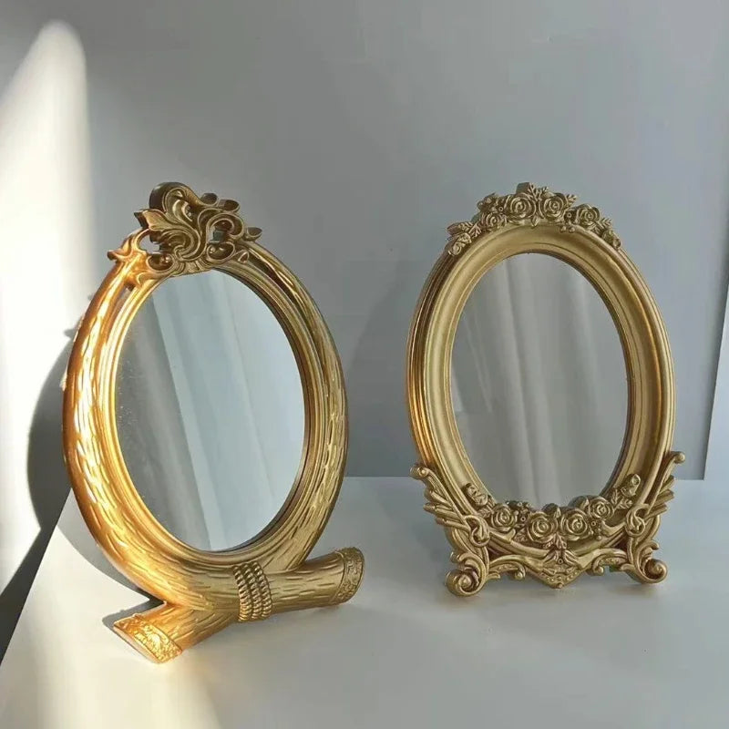 Rustic Carving Frame Gold Mirror Home decor Tray Home Decorative Mirror Bedroom Table Makeup Mirror