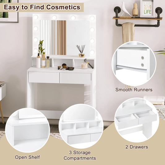 White Wooden Dressing Table Make up Cosmetic Table with Adjustable LED Lighting Mirror vanity dresser for Gilrs Women Bedroom