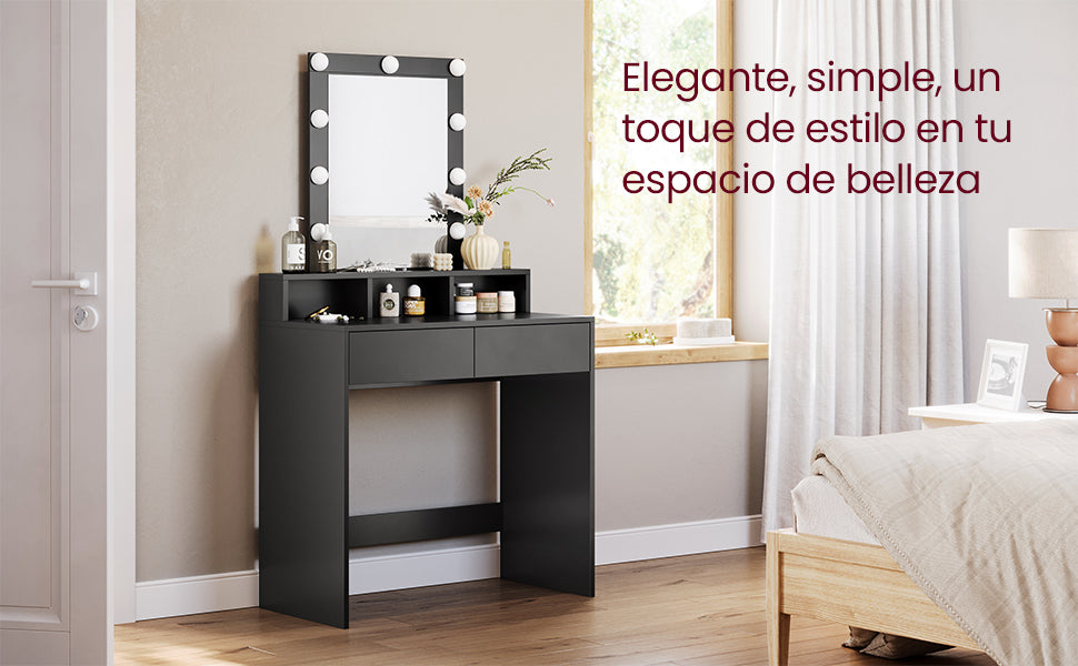VASAGLE Tocador Moderno Negro con Luces LED de Brillo Ajustable, Mesa de Maquillaje con Espejo, 2 Cajones y 3 Compartimentos