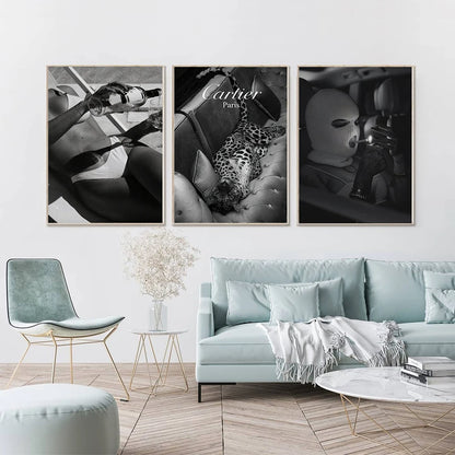 Fashion Sexy Women Wall Art Poster Leopard Dog Art Print Luxury Brand Car Canvas Painting Modern Pictures Living Room Home Decor