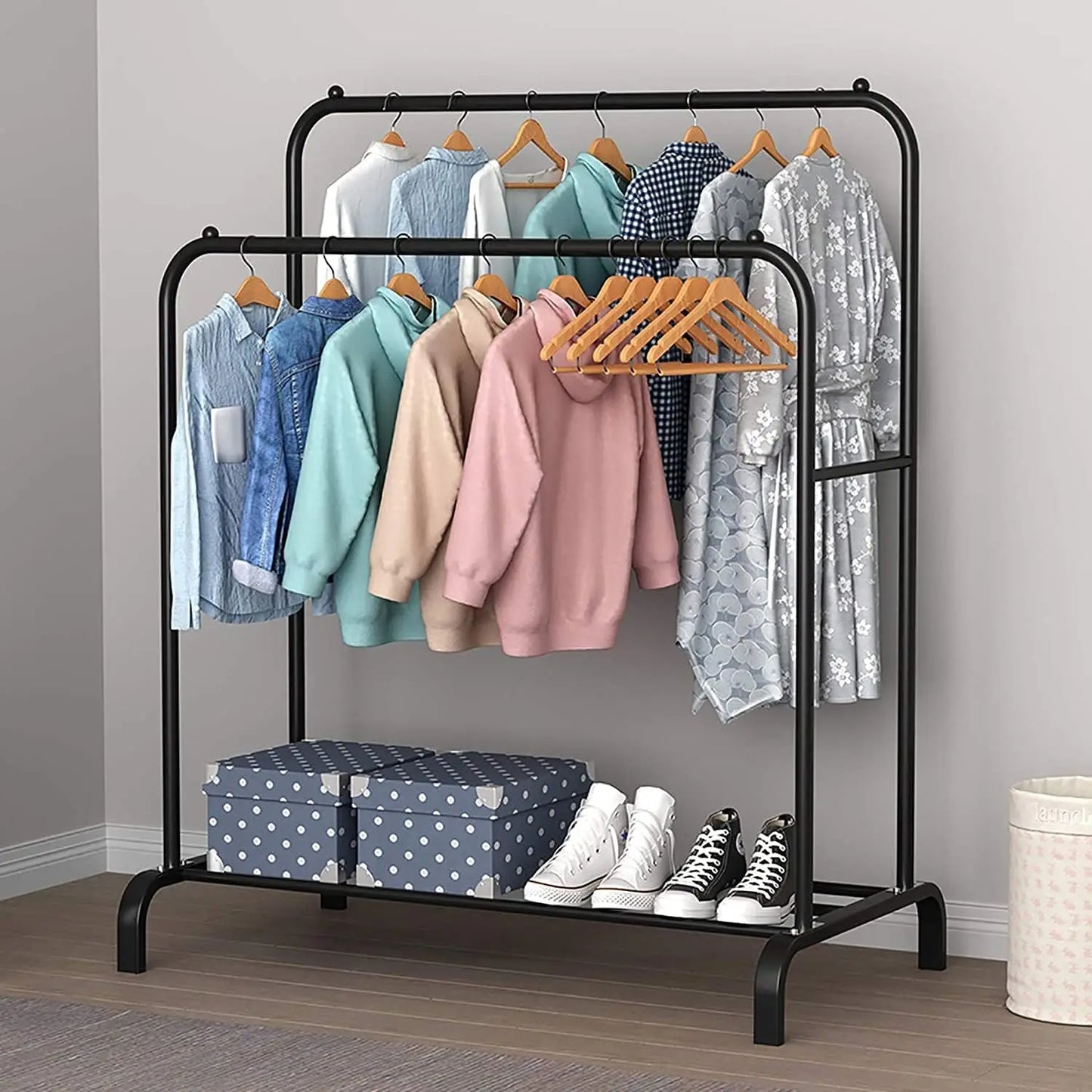 T-Lovendo-Coat Coat Burro Double Rail Rack Clothes Shoes Boxes