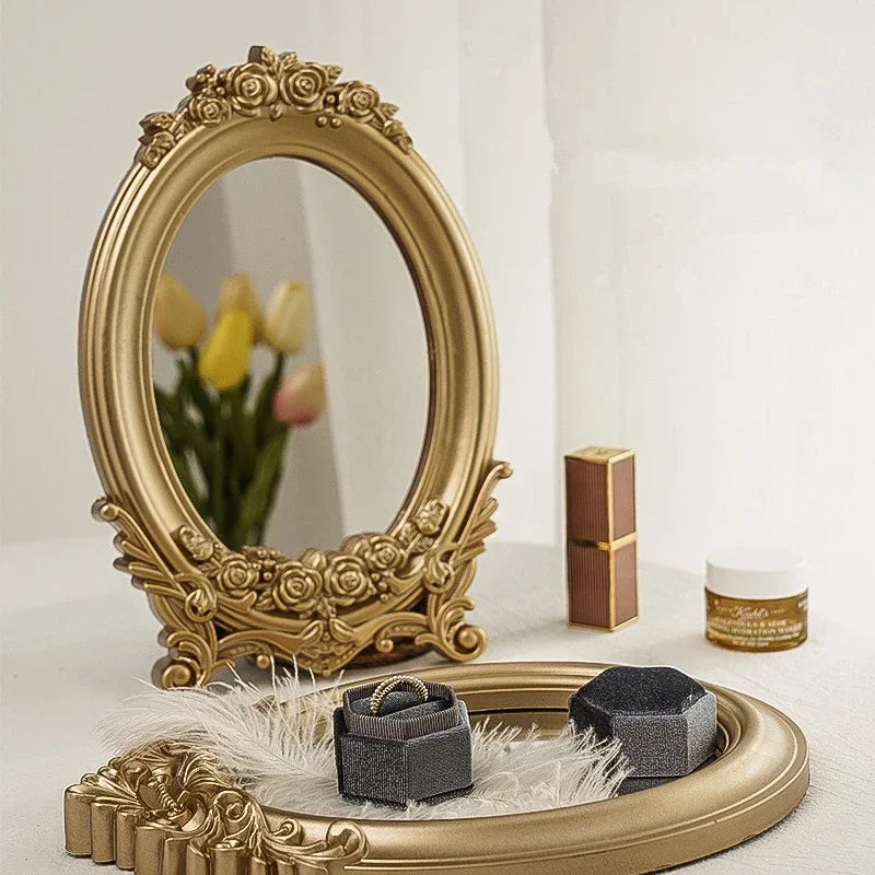 Rustic Carving Frame Gold Mirror Home decor Tray Home Decorative Mirror Bedroom Table Makeup Mirror