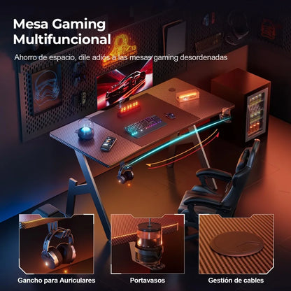 120 x 60 cm, Carbon Fibre Gaming Desk, Ergonomic Desk Table, Computer Table with Mouse Pad, Cup Holder and Headphone Hook