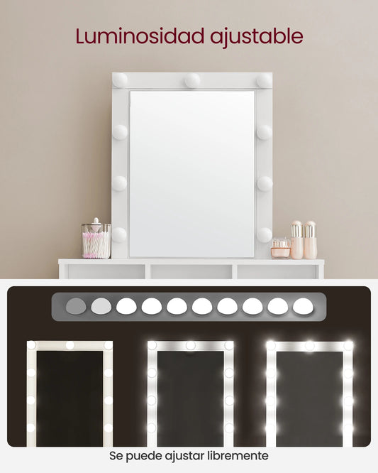 VASAGLE Tocador Moderno Negro con Luces LED de Brillo Ajustable, Mesa de Maquillaje con Espejo, 2 Cajones y 3 Compartimentos