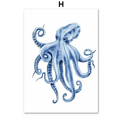 Watercolor Blue Coastal Sea Creatures Posters Prints Octopus Conch Jellyfish Wall Art Canvas Painting Kids Room Home Decor