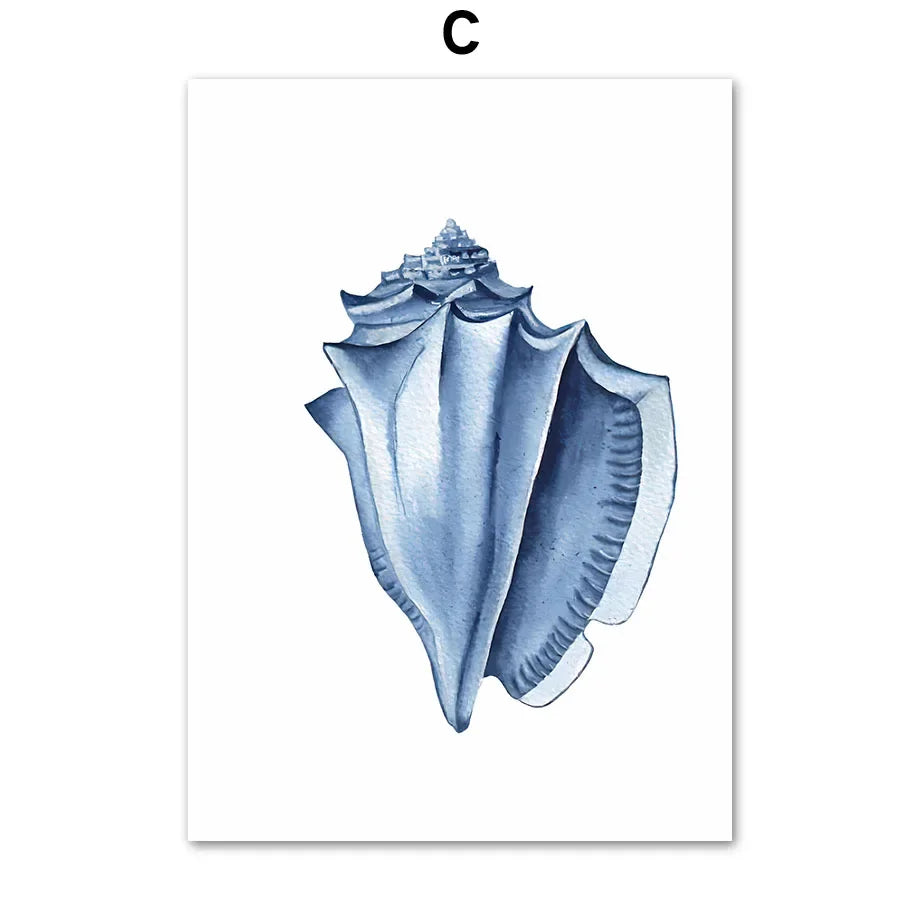 Watercolor Blue Coastal Sea Creatures Posters Prints Octopus Conch Jellyfish Wall Art Canvas Painting Kids Room Home Decor