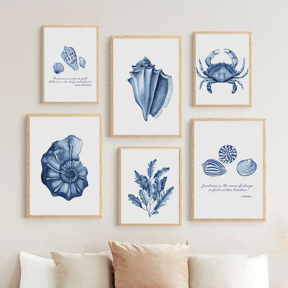 Watercolor Blue Coastal Sea Creatures Posters Prints Octopus Conch Jellyfish Wall Art Canvas Painting Kids Room Home Decor