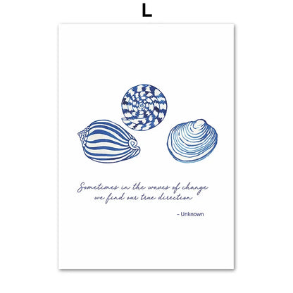 Watercolor Blue Coastal Sea Creatures Posters Prints Octopus Conch Jellyfish Wall Art Canvas Painting Kids Room Home Decor