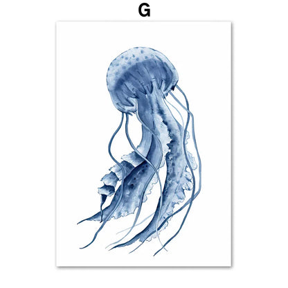 Watercolor Blue Coastal Sea Creatures Posters Prints Octopus Conch Jellyfish Wall Art Canvas Painting Kids Room Home Decor