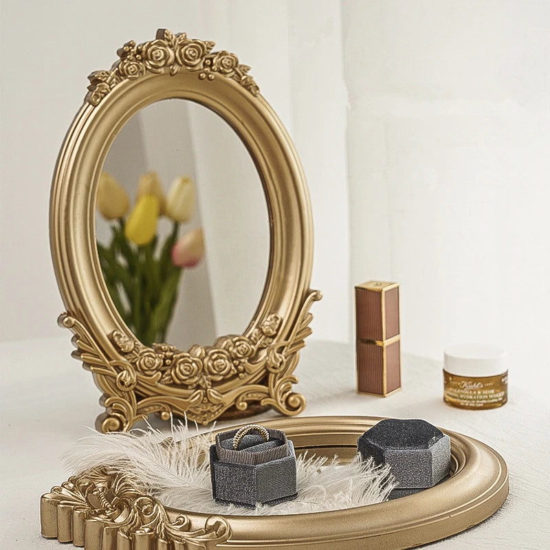 Rustic Carving Frame Gold Mirror Home decor Tray Home Decorative Mirror Bedroom Table Makeup Mirror