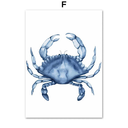 Watercolor Blue Coastal Sea Creatures Posters Prints Octopus Conch Jellyfish Wall Art Canvas Painting Kids Room Home Decor