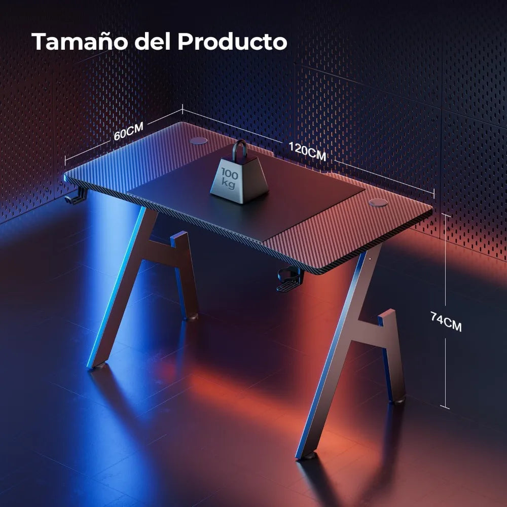 120 x 60 cm, Carbon Fibre Gaming Desk, Ergonomic Desk Table, Computer Table with Mouse Pad, Cup Holder and Headphone Hook