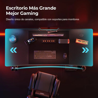 120 x 60 cm, Carbon Fibre Gaming Desk, Ergonomic Desk Table, Computer Table with Mouse Pad, Cup Holder and Headphone Hook