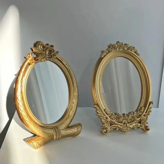 Rustic Carving Frame Gold Mirror Home decor Tray Home Decorative Mirror Bedroom Table Makeup Mirror