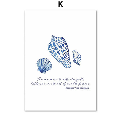 Watercolor Blue Coastal Sea Creatures Posters Prints Octopus Conch Jellyfish Wall Art Canvas Painting Kids Room Home Decor