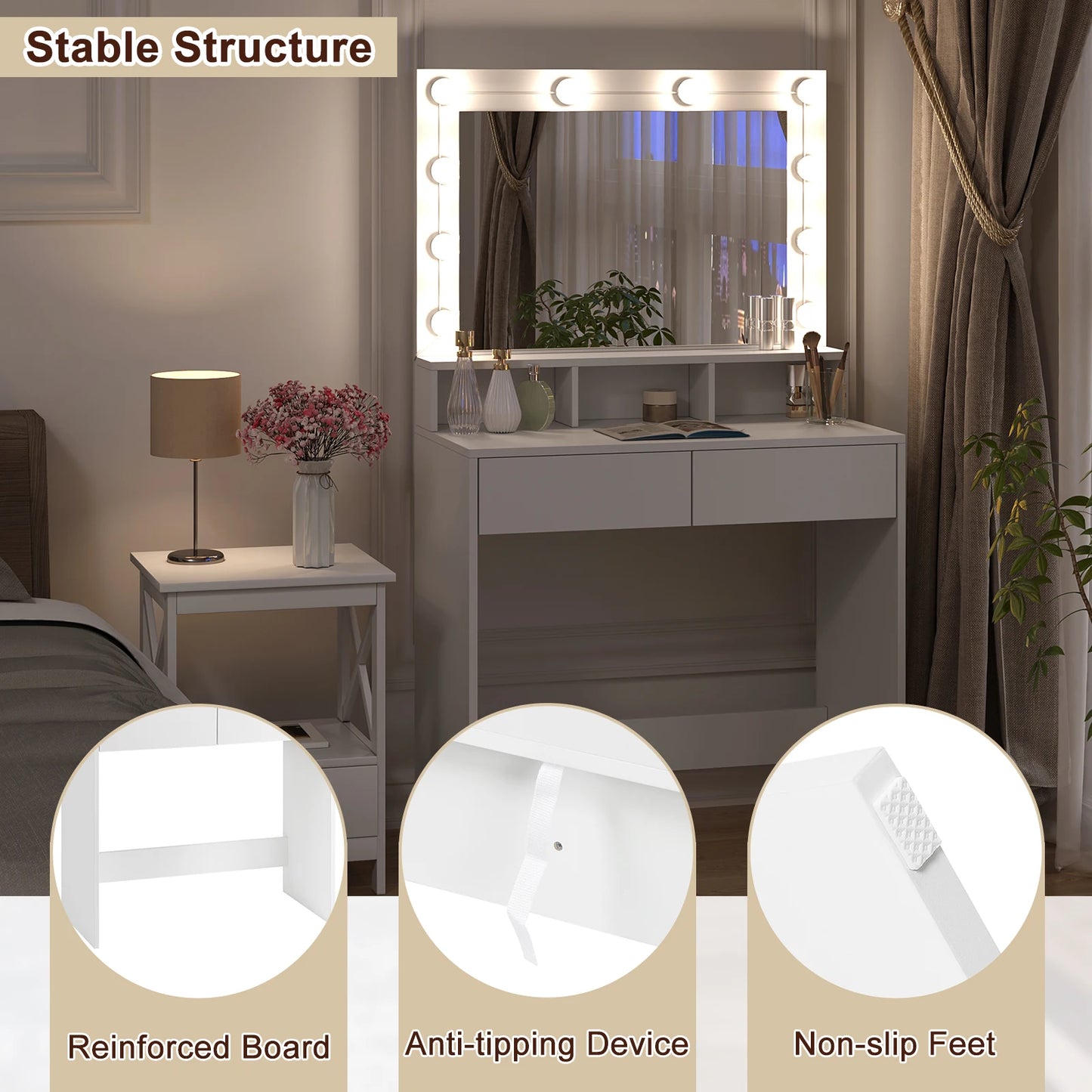 White Wooden Dressing Table Make up Cosmetic Table  with Adjustable LED Lighting Mirror vanity dresser for Gilrs  Women Bedroom