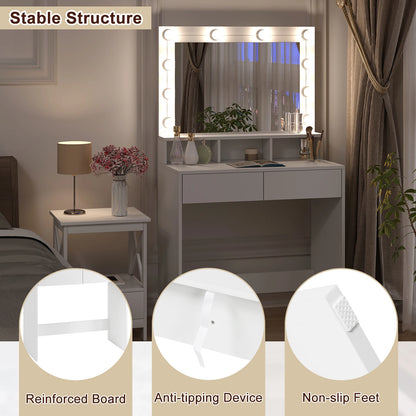 White Wooden Dressing Table Make up Cosmetic Table  with Adjustable LED Lighting Mirror vanity dresser for Gilrs  Women Bedroom