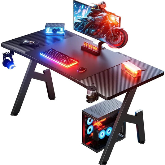 120 x 60 cm, Carbon Fibre Gaming Desk, Ergonomic Desk Table, Computer Table with Mouse Pad, Cup Holder and Headphone Hook
