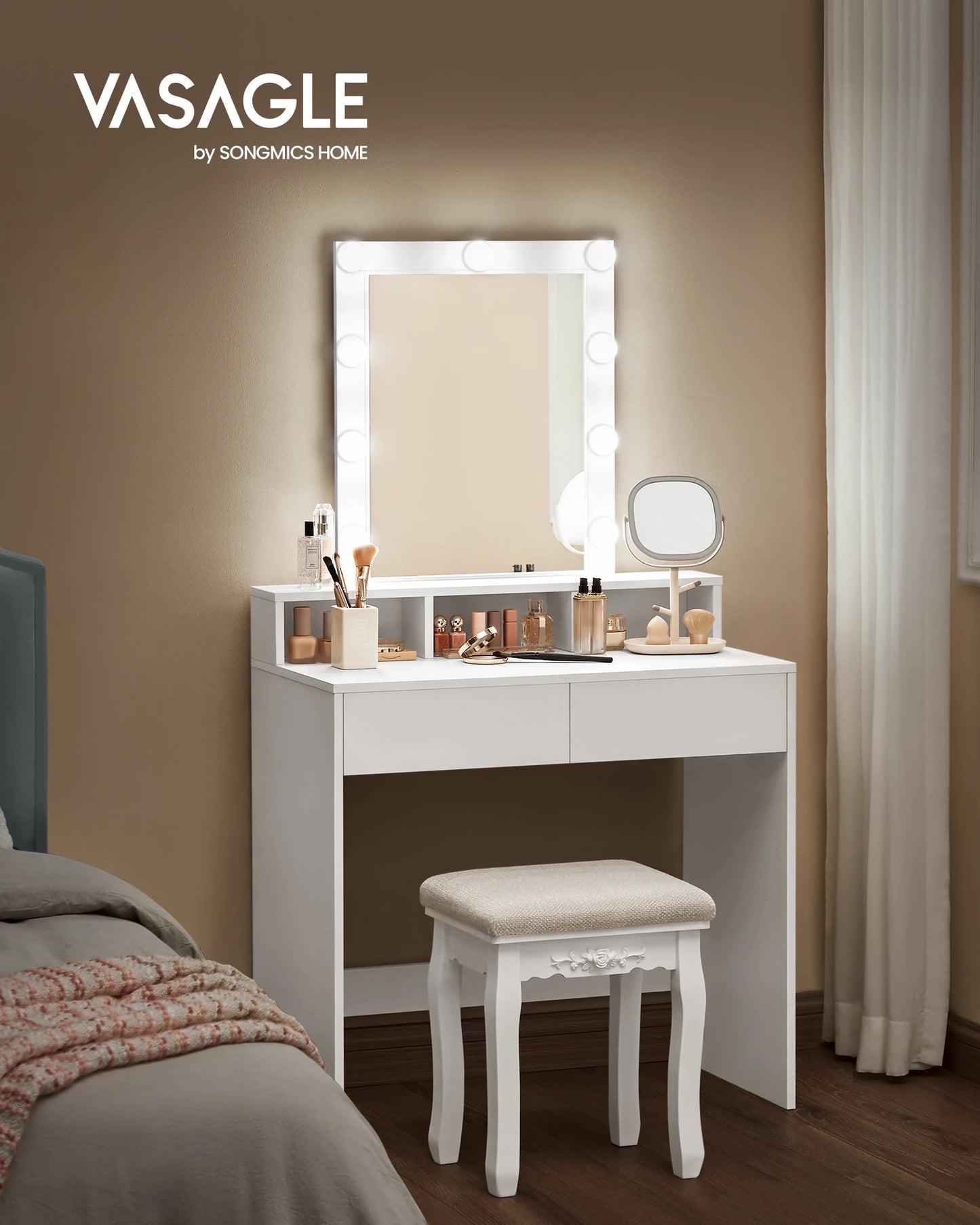 VASAGLE Tocador Moderno Negro con Luces LED de Brillo Ajustable, Mesa de Maquillaje con Espejo, 2 Cajones y 3 Compartimentos