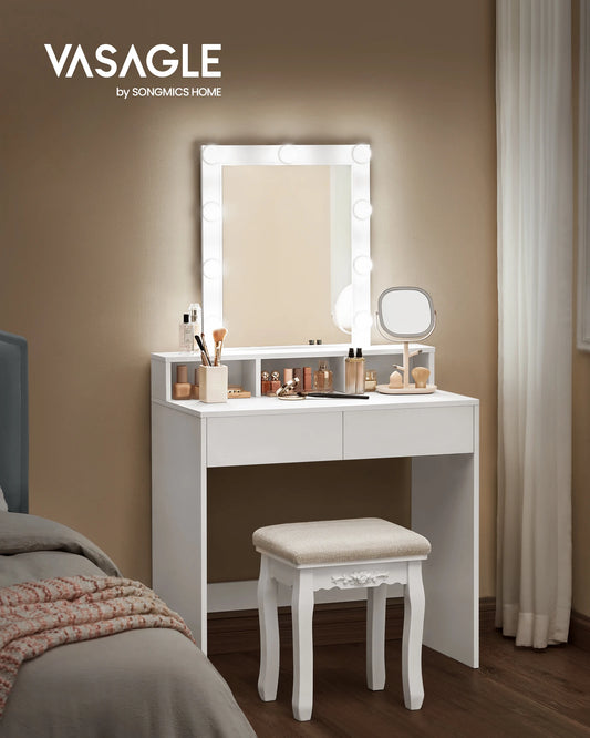 VASAGLE Tocador Moderno Negro con Luces LED de Brillo Ajustable, Mesa de Maquillaje con Espejo, 2 Cajones y 3 Compartimentos