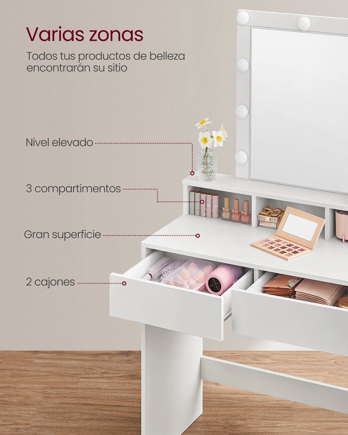 VASAGLE Tocador Moderno Negro con Luces LED de Brillo Ajustable, Mesa de Maquillaje con Espejo, 2 Cajones y 3 Compartimentos