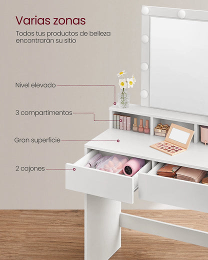 VASAGLE Tocador Moderno Negro con Luces LED de Brillo Ajustable, Mesa de Maquillaje con Espejo, 2 Cajones y 3 Compartimentos